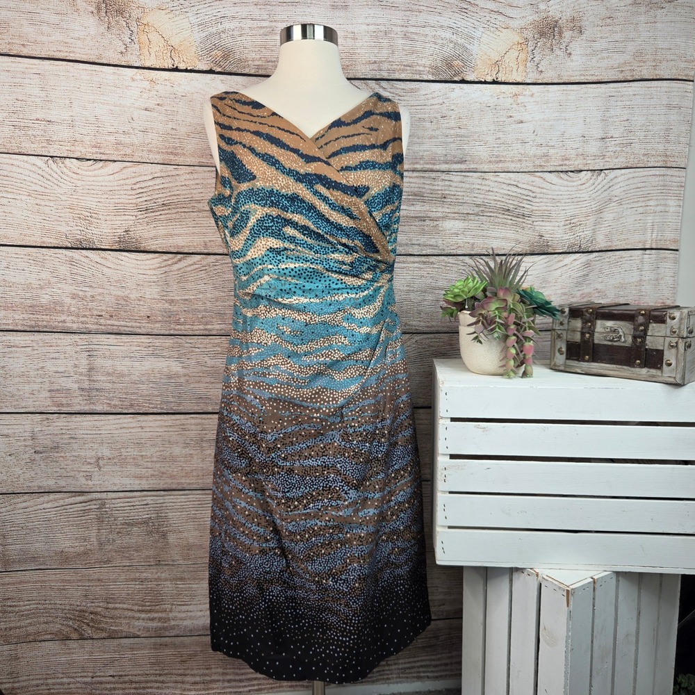 5/$25 Anne‎ Klein Teal Brown Animal Print Cotton Sheath Dress Size 8 Ruched